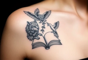 An open book with a werewolf, owl, dragon & phoenix above it tattoo idea