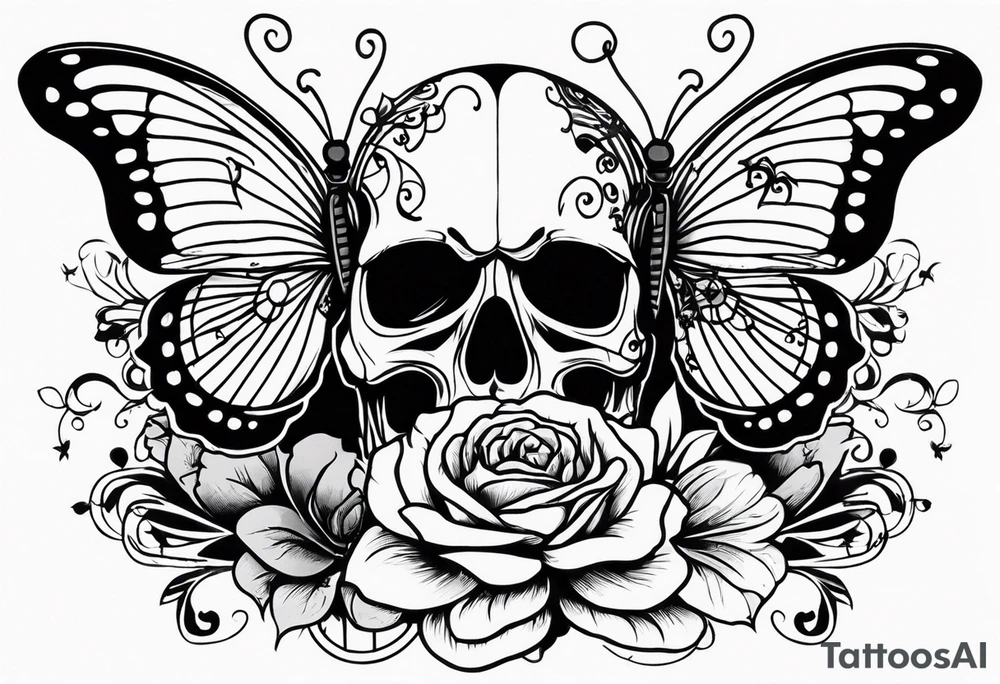 Skull with music sheet and butterfly tattoo idea