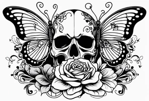 Skull with music sheet and butterfly tattoo idea