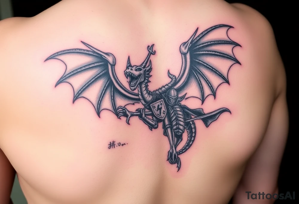 3d Powerful winged dragon fighting a knight with colors tattoo idea