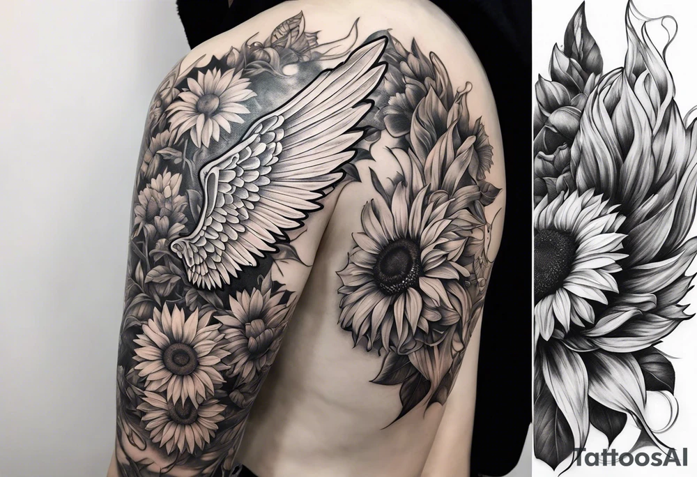 Sleeve with angel wings, sunflower and butterfly tattoo idea
