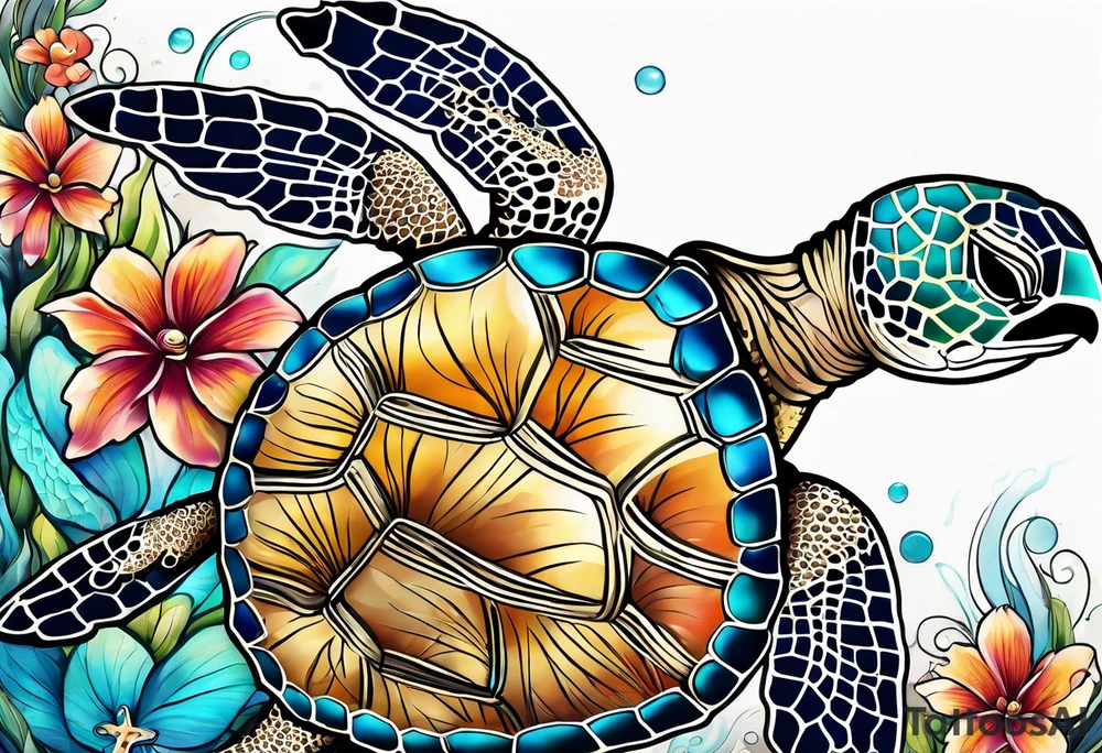 sea turtle, flower tattoo idea