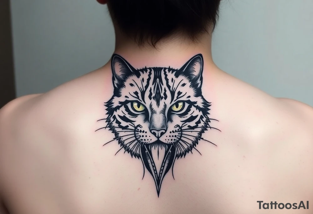 faça uma tatuagem vertical para costas feminina delicada, contendo gato preto, prosperidade, família, espiritualidade e amor tattoo idea