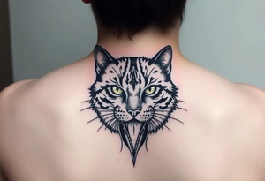 faça uma tatuagem vertical para costas feminina delicada, contendo gato preto, prosperidade, família, espiritualidade e amor tattoo idea