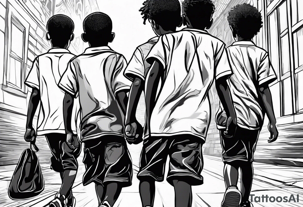 full bodies of 3 black school age boys walking away together and one is looking to the side at the one in the middle tattoo idea
