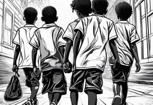 full bodies of 3 black school age boys walking away together and one is looking to the side at the one in the middle tattoo idea