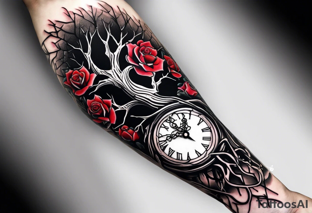 tattoo sleeve, tree roots break out of the chains at the bottom of the hand, Symbolizing loss, an image of a broken mask, Clock with flying numbers, girl, skull, roses tattoo idea