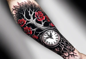 tattoo sleeve, tree roots break out of the chains at the bottom of the hand, Symbolizing loss, an image of a broken mask, Clock with flying numbers, girl, skull, roses tattoo idea