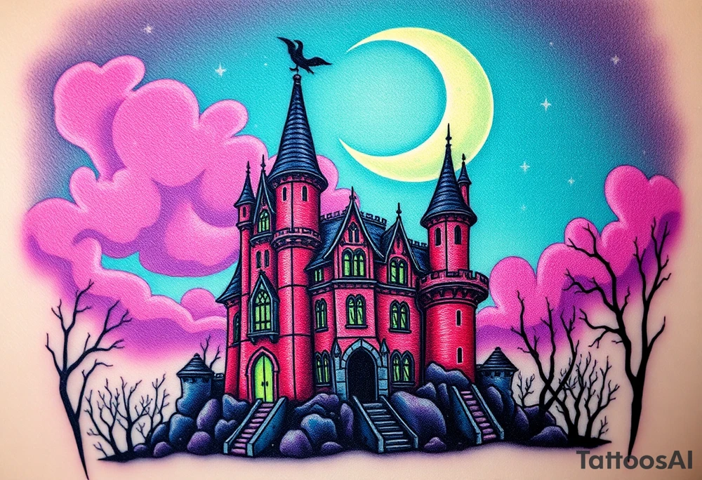 Tim Burton’s disney sleeping beauty’s haunted castle is abandoned and dripping with muted reds, dusty pinks, and eerie green glow.purple and cyan smokey clouds swirl in the crescent moonlit sky thats sprinkled with stars tattoo idea tattoo idea
