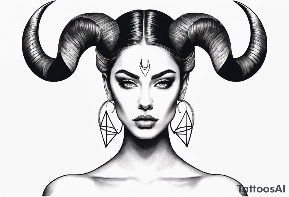 minimalist symmetrical woman head with curved horns facing downwards dark realism looking front facing view tattoo idea