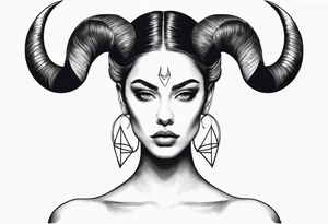 minimalist symmetrical woman head with curved horns facing downwards dark realism looking front facing view tattoo idea