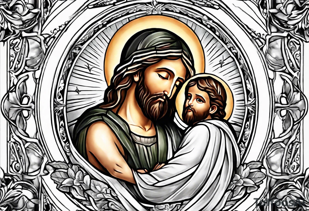 God holding Jesus while angles look at Jesus with such grace tattoo idea