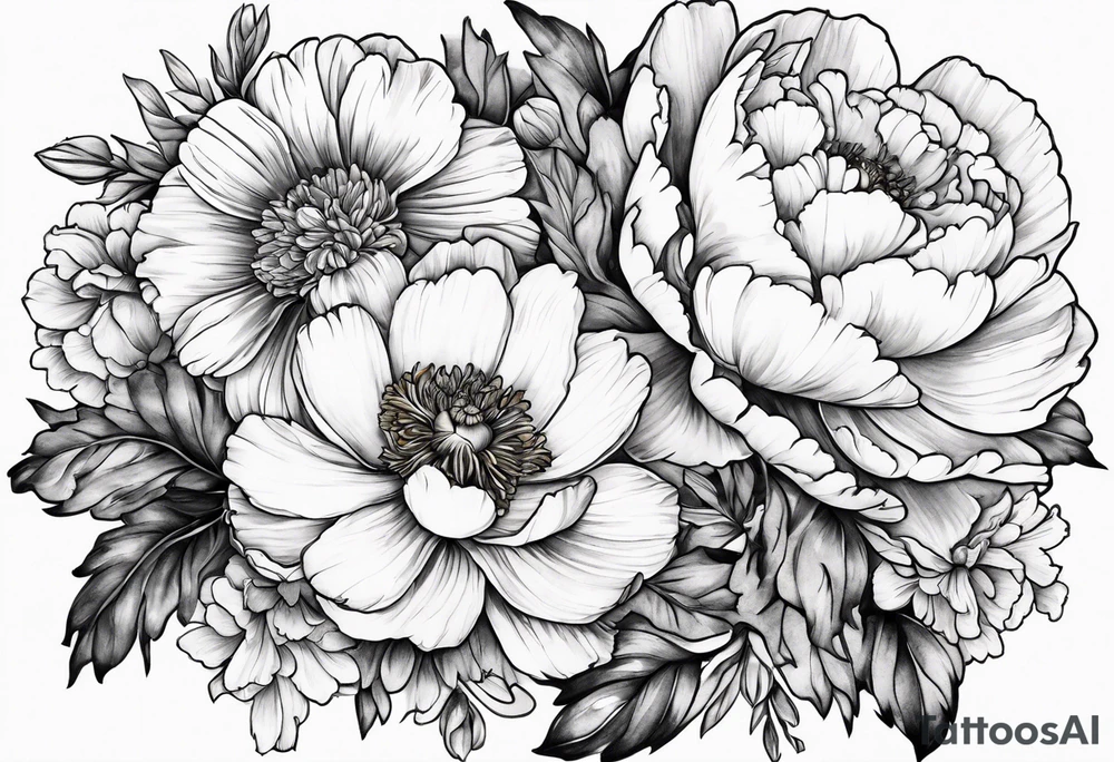marigold, peony, and narcissus side by side tattoo idea marigold, peony, and narcissus side by side tattoo idea
