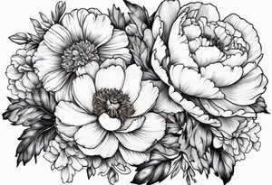 marigold, peony, and narcissus side by side tattoo idea