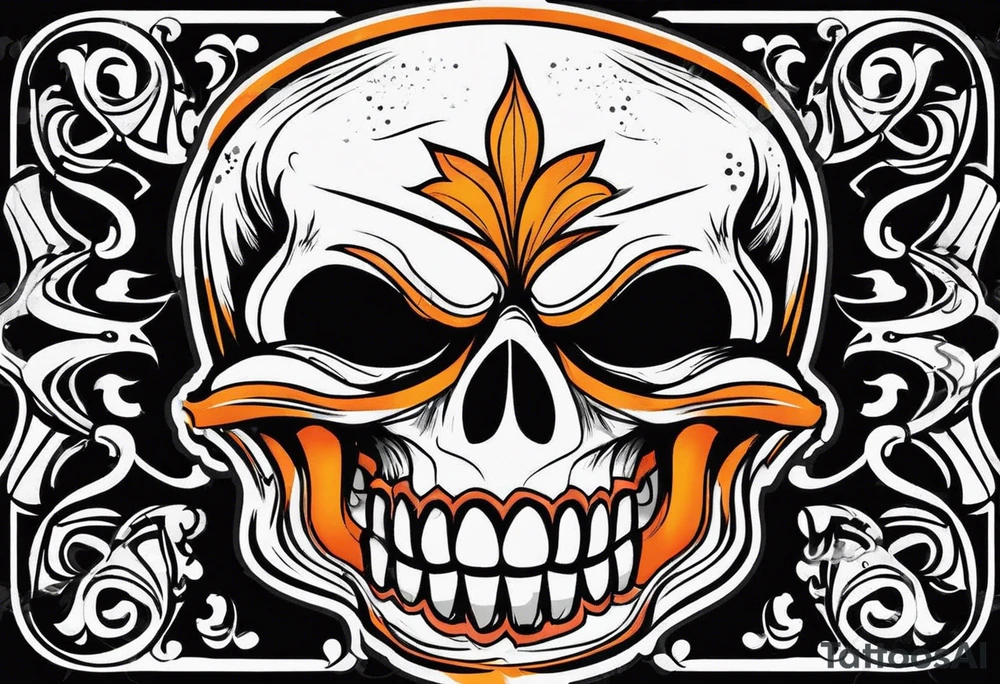 skull laughing black and orange tattoo idea
