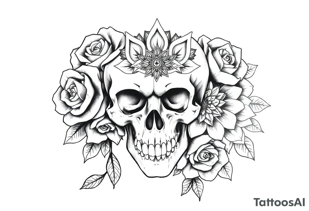 Skull with roses and mandala tattoo idea