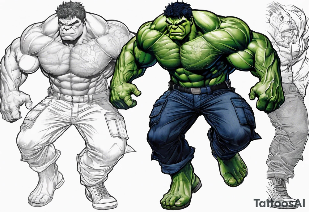 The hulk, wearing a dark blue police shirt and pants. The shirt and pants tattered at the arms and knees. Hulk is visible from head to toe tattoo idea