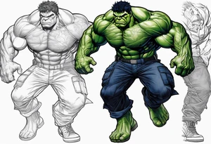 The hulk, wearing a dark blue police shirt and pants. The shirt and pants tattered at the arms and knees. Hulk is visible from head to toe tattoo idea