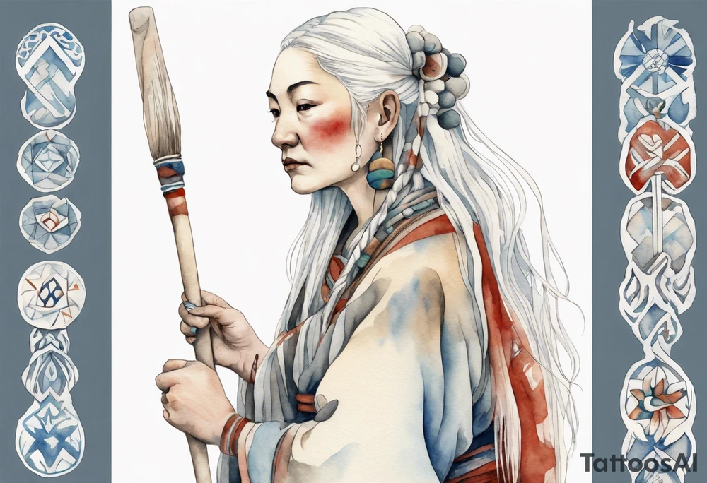 a solitary Sami woman with long white hair holding onto a white staff tattoo idea