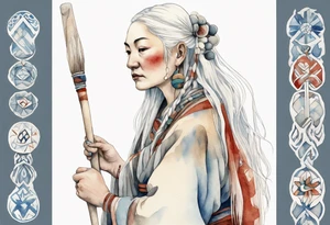 a solitary Sami woman with long white hair holding onto a white staff tattoo idea