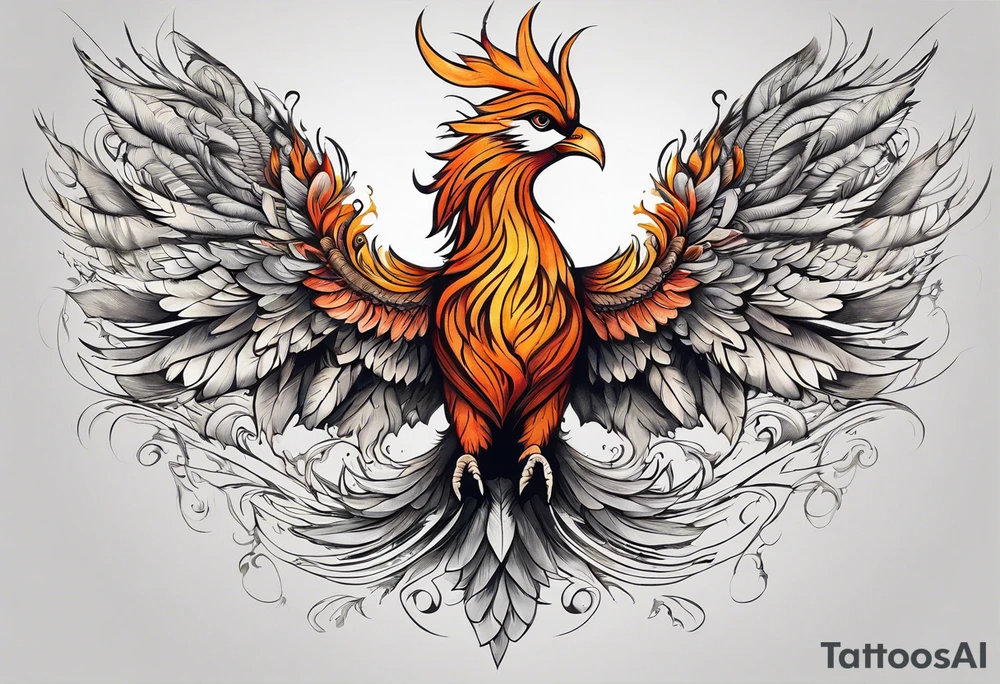 Tattoo: A powerful, majestic phoenix, depicted mid-flight or rising, with wings extended and feathers flowing. Deep shading and intricate details to bring out the texture and motion of the feathers. Style: Semi realism. tattoo idea