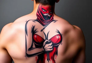powerful female dominatrix wearing a red latex catsuit wearing a facemask tying up her submissive tattoo idea