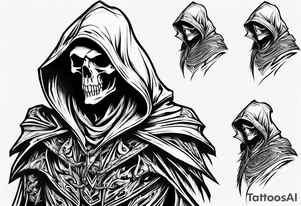 side view, hooded reaper upper body, no skull tattoo idea