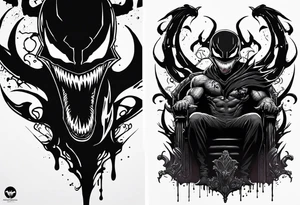 Smiling Venom on the symbiote throne with paint drip with Kobe’s black mamba symbol on the chest tattoo idea