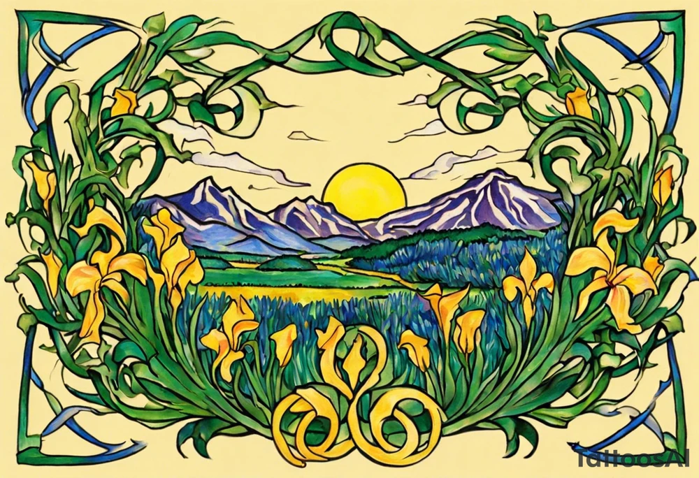 Create a small colorful Vincent van Gogh Irises tattoo in the form of a crescent, with vines or Celtic knots gracefully intertwining at a central point in the middle of the wreath.  In the middle of the wreath are mountains and other items found in New Mexico. Ensure that the design avoids the appearance of a bush and maintains a more structured and deliberate arrangement. The intended placement is on the upper chest. The overall design should be small in size while maintaining a delicate and artistic aesthetic. Pay attention to the graceful flow of the vines and the placement of the irises to achieve a refined and elegant look. tattoo idea