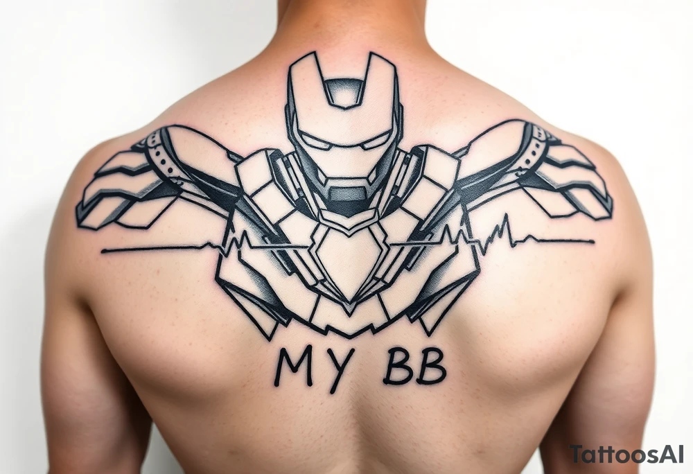 Ironman starting a heartbeat line, ending the words "MY BB tattoo idea