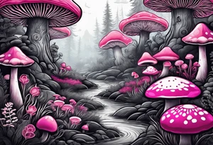 pink and white mushroom forest, smoke coming from caterpillars mouth tattoo idea