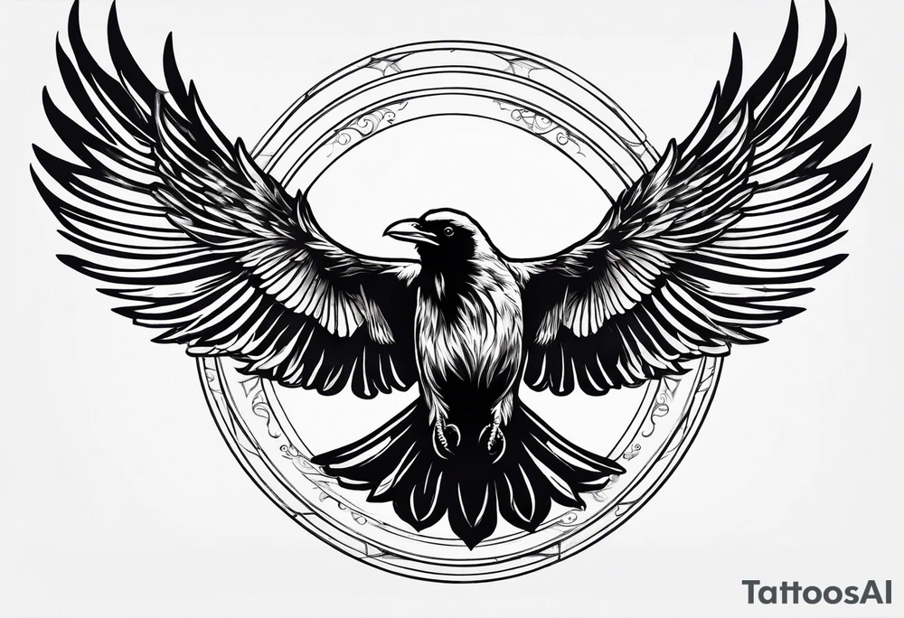 outline drawing of a flying raven with wings on fire tattoo idea