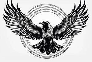 outline drawing of a flying raven with wings on fire tattoo idea
