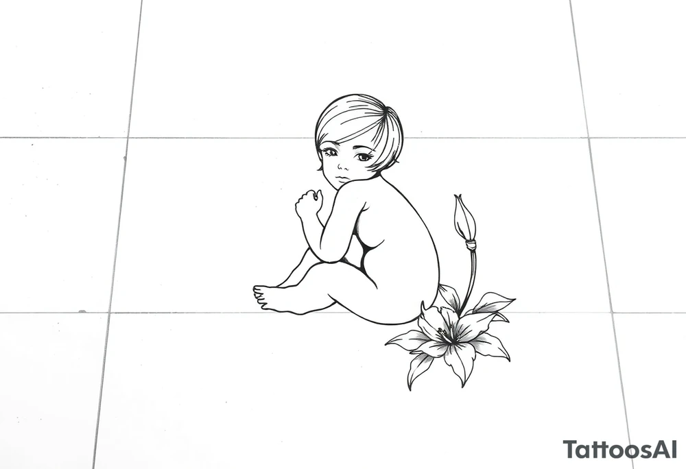 A simple tile floor with a minimalist outline of a curled up child sitting on the floor with a lily next to her tattoo idea
