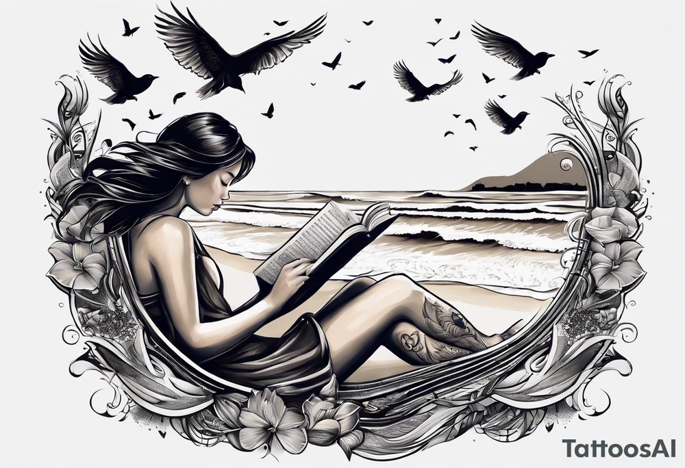 Someone is sitting on the beach reading a book and the pages are flying in the wind, the purpose of the tattoo is to emphasize that just as the pages are flying in the wind, you also have to flip through situations in life tattoo idea