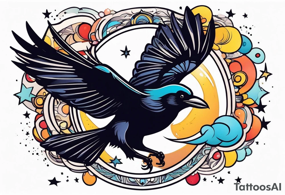 flying crow with a moon and stars in the background tattoo idea