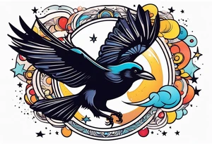 flying crow with a moon and stars in the background tattoo idea