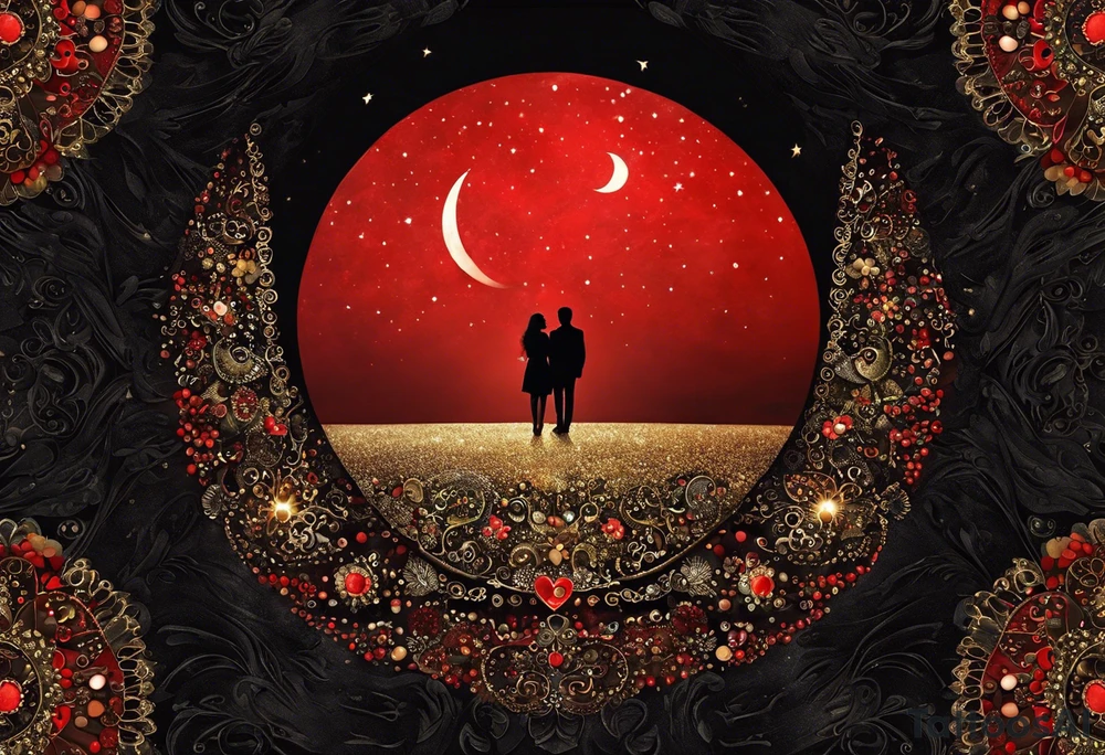 4.	Lunas Compartidas: Dos lunas crecientes, una frente a la otra, formando un círculo cuando se unen, simbolizando la unidad y el amor eterno. Puedes agregar un pequeño detalle en rojo para darle vida. tattoo idea