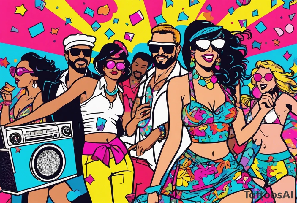 1980's miami vice style beach dance 
party, include confetti, music notes, boom box, bikinis tattoo idea