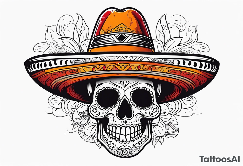 Mexican skull with sombrero with smoke coming out of the bottom orange and red tattoo idea