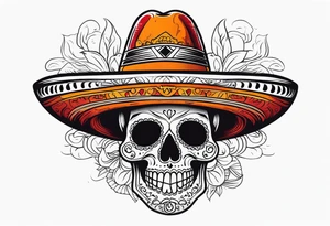 Mexican skull with sombrero with smoke coming out of the bottom orange and red tattoo idea