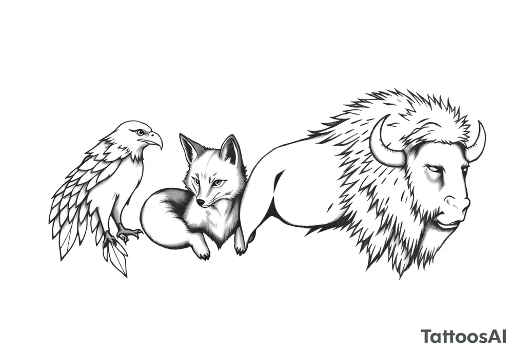 4 animals in a totem order, no space between them. An eagle, a fox, a bear and a bison. Black and white tattoo with fine clear but strong lines. It should show character and toughness. Light shadowing and pen/pencil type of illustration. 
It's for a group of siblings which will have the same tattoo (different order top to bottom) 

I said in a totem. tattoo idea
