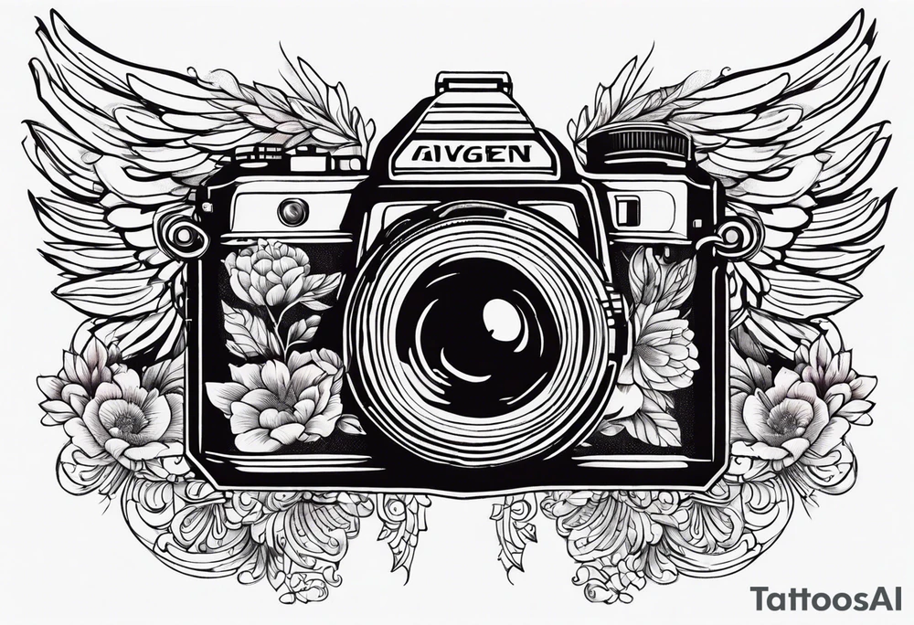 Camera with angel wings tattoo idea