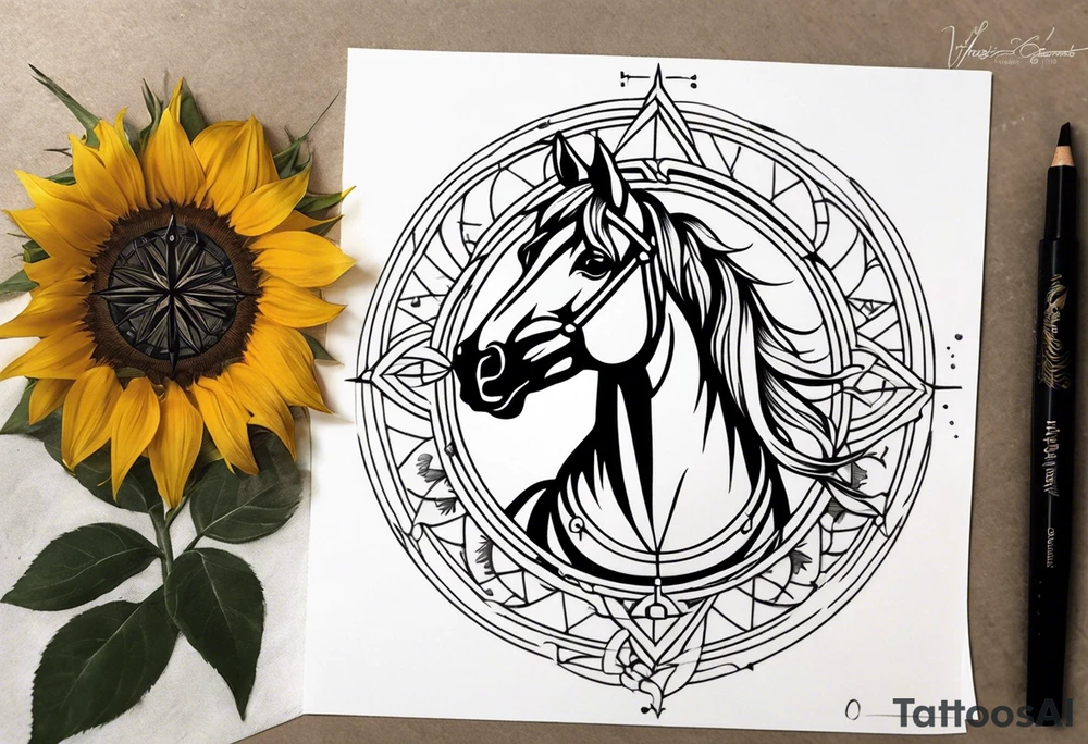 Horse, compass, sunflower tattoo idea