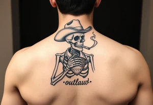 I have a skeleton cowboy smoking a cigarette with smoke that shapes into a heart. It says “wanted” above it and “outlaw” under it. I’d like “777” or a sheriff badge in the background tattoo idea