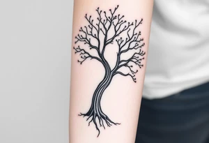 A black and gray realistic tree with engraved initials on the trunk, highlighting deep-rooted family connections tattoo idea