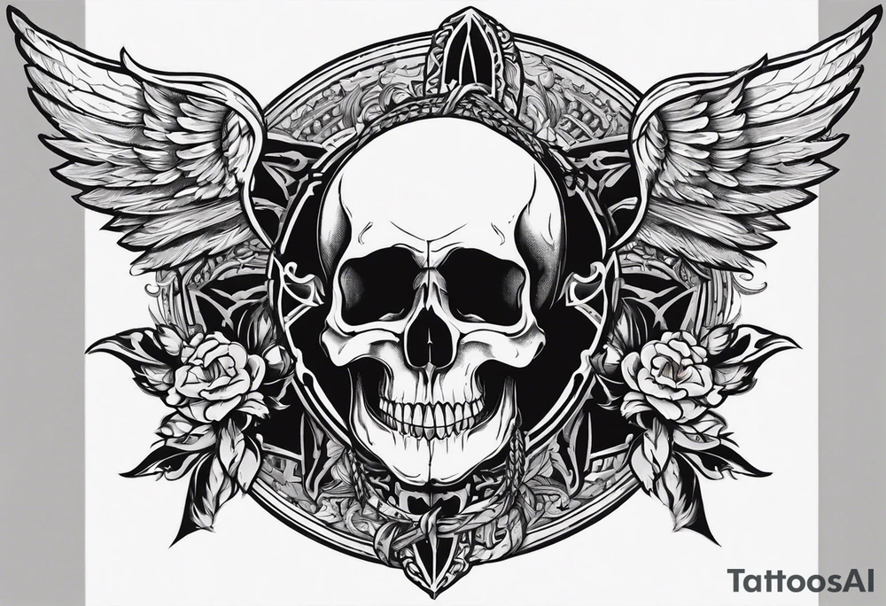 In the center is a skull pierced by a large sword. On either side of the skull, there are spread angel wings, creating an impression of protection and majesty. Beneath the skull is a ribbon that weaves through both the skull and the sword tattoo idea