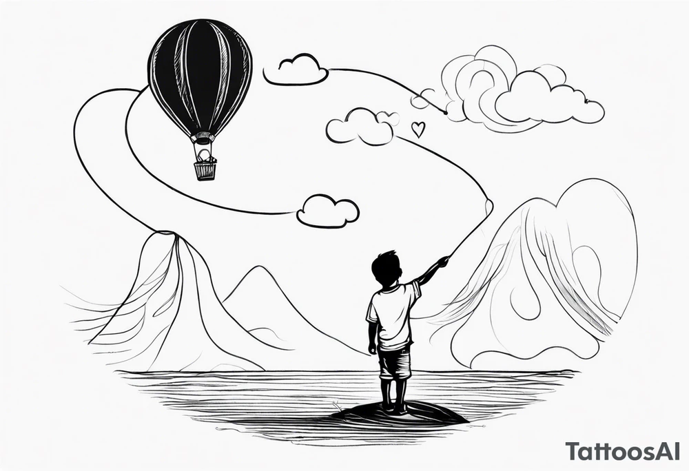 tatoo in sketch style only.
A little boy is holding a string to the earth shaped baloon.
boy should be drawed from behinfd anhas one hand reaching up in 45 degree angle and holding the baloon string
the string has a big wave look like a hearbeat pulse.
hearth party baloon is tattoo idea