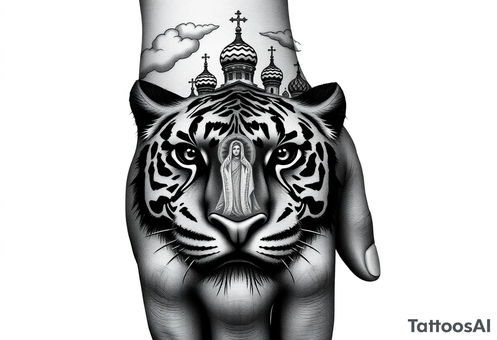 Realistic tiger face on the back of the hand with strong contrast and fine detail with hollow black eyes. with a highly detailed Russian Orthodox cathedral sitting above on fore arm with onion domes and orthodox crosses, done in fine line, engraving-like style. Cohesive composition, black ink only, no color, high contrast, slightly aged, documentary-style, plain light background. with clouds above and a virgin mary tattoo idea