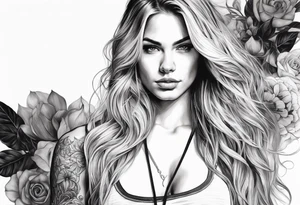 Young pretty blond woman in gym with long hair, tall tattoo idea